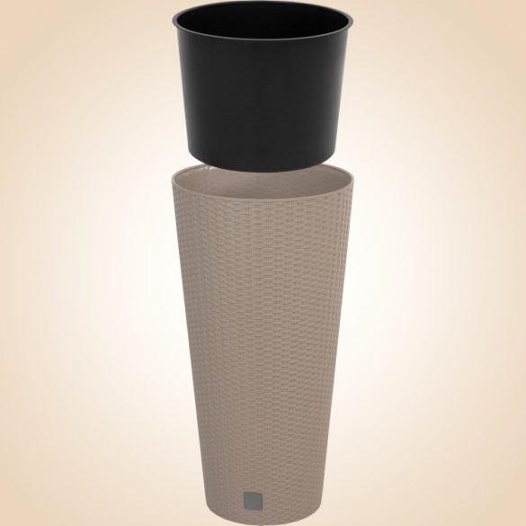 Rattan virágcserép, Prosperplast Rato Tubus 400, mokka, átmérő: 40 cm, magasság: 76,3 cm, betéttel, 35 / 64 l, rattan hatású, kerek