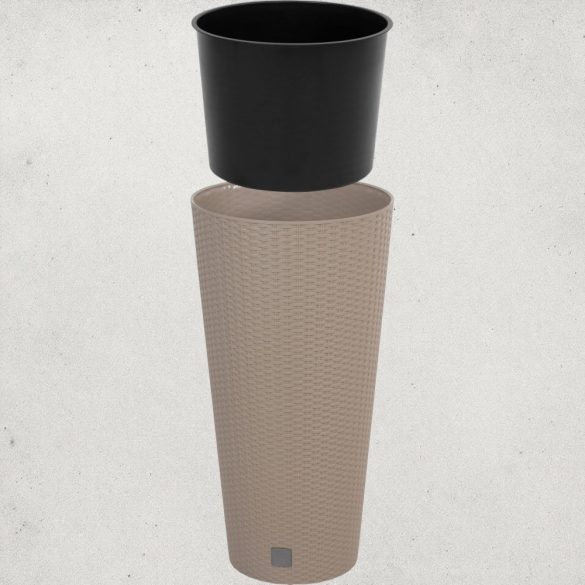 Rattan virágcserép, Prosperplast Rato Tubus 400, mokka, átmérő: 40 cm, magasság: 76,3 cm, betéttel, 35 / 64 l, rattan hatású, kerek