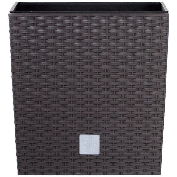 Rattan virágcserép, Prosperplast Rato Low 320, barna, 32 x 32 cm, magasság: 32,5 cm, betéttel, 21 / 32 l, rattan hatású, négyzetes, alacsony kivitel