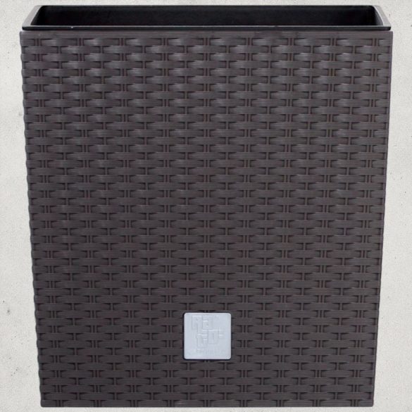 Rattan virágcserép, Prosperplast Rato Low 400, barna, 40 x 40 cm, magasság: 40,8 cm, betéttel, 37 / 64 l, rattan hatású, négyzetes, alacsony kivitel