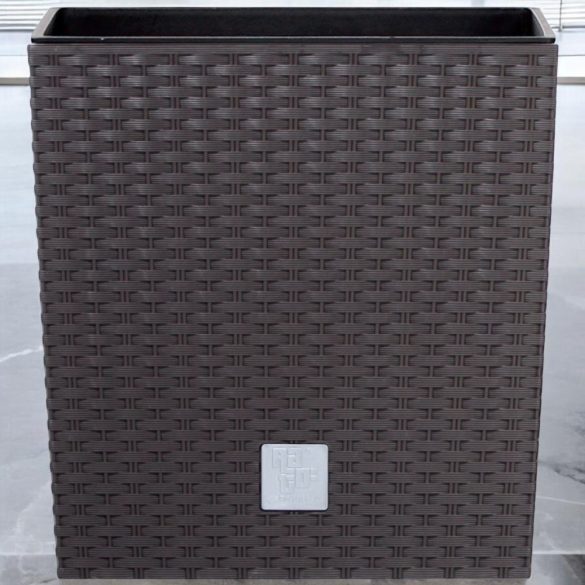 Rattan virágcserép, Prosperplast Rato Low 400, barna, 40 x 40 cm, magasság: 40,8 cm, betéttel, 37 / 64 l, rattan hatású, négyzetes, alacsony kivitel
