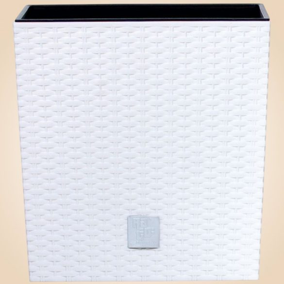 Rattan virágcserép, Prosperplast Rato Low 400, fehér, 40 x 40 cm, magasság: 40,8 cm, betéttel, 37 / 64 l, rattan hatású, négyzetes, alacsony kivitel
