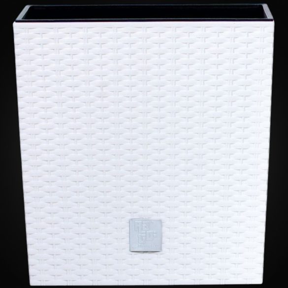 Rattan virágcserép, Prosperplast Rato Low 400, fehér, 40 x 40 cm, magasság: 40,8 cm, betéttel, 37 / 64 l, rattan hatású, négyzetes, alacsony kivitel