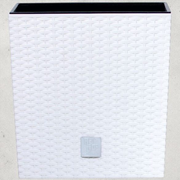 Rattan virágcserép, Prosperplast Rato Low 400, fehér, 40 x 40 cm, magasság: 40,8 cm, betéttel, 37 / 64 l, rattan hatású, négyzetes, alacsony kivitel