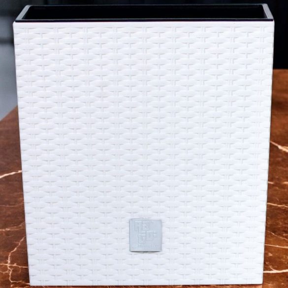 Rattan virágcserép, Prosperplast Rato Low 400, fehér, 40 x 40 cm, magasság: 40,8 cm, betéttel, 37 / 64 l, rattan hatású, négyzetes, alacsony kivitel