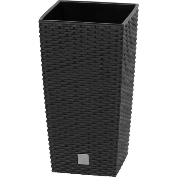 Rattan virágcserép, Prosperplast Rato Square 225, fekete, 22,5 x 22,5 cm, magasság: 42,1 cm, betéttel, 8 / 16,3 l, rattan hatású, négyzetes