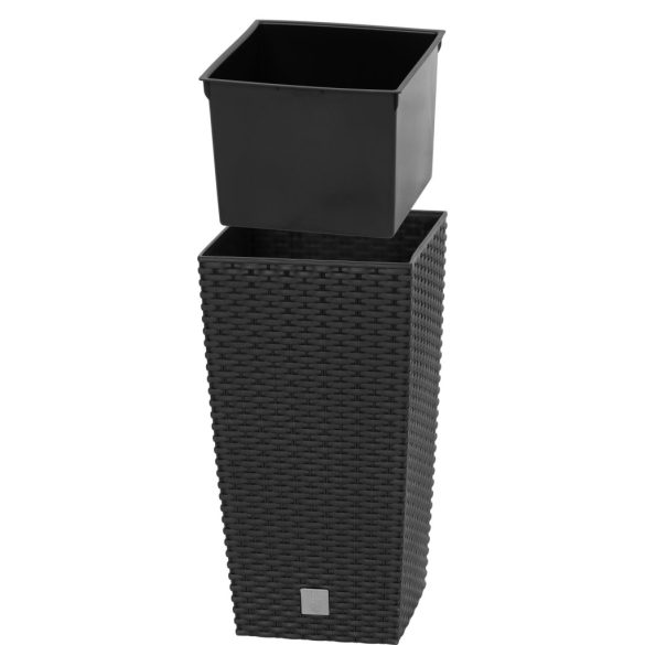 Rattan virágcserép, Prosperplast Rato Square 225, fekete, 22,5 x 22,5 cm, magasság: 42,1 cm, betéttel, 8 / 16,3 l, rattan hatású, négyzetes