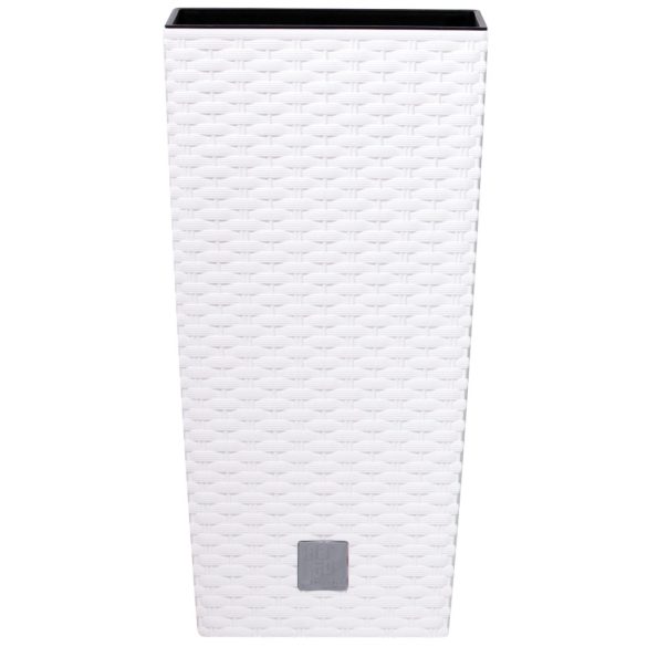 Rattan virágcserép, Prosperplast Rato Square 225, fehér, 22,5 x 22,5 cm, magasság: 42,1 cm, betéttel, 8 / 16,3 l, rattan hatású, négyzetes