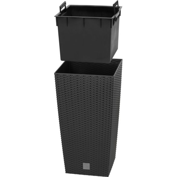 Rattan virágcserép, Prosperplast Rato Square 325, antracit, 32,5 x 32,5 cm, magasság: 61 cm, betéttel, 21 / 49 l, rattan hatású, négyzetes