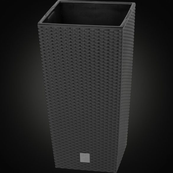 Rattan virágcserép, Prosperplast Rato Square 325, antracit, 32,5 x 32,5 cm, magasság: 61 cm, betéttel, 21 / 49 l, rattan hatású, négyzetes