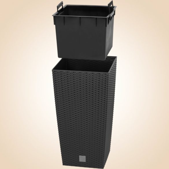 Rattan virágcserép, Prosperplast Rato Square 325, antracit, 32,5 x 32,5 cm, magasság: 61 cm, betéttel, 21 / 49 l, rattan hatású, négyzetes