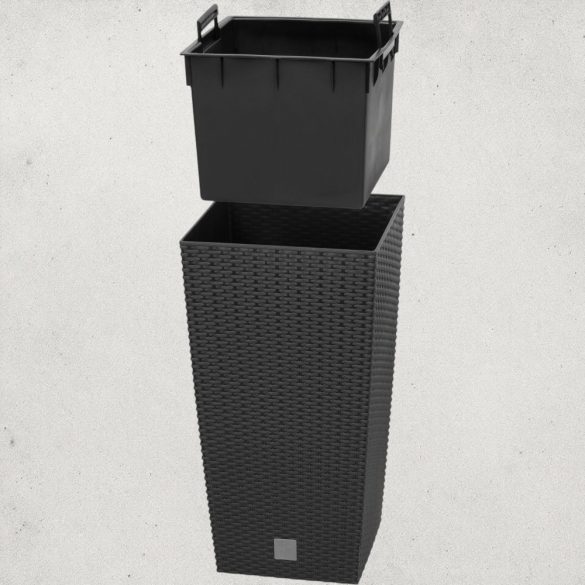 Rattan virágcserép, Prosperplast Rato Square 325, antracit, 32,5 x 32,5 cm, magasság: 61 cm, betéttel, 21 / 49 l, rattan hatású, négyzetes