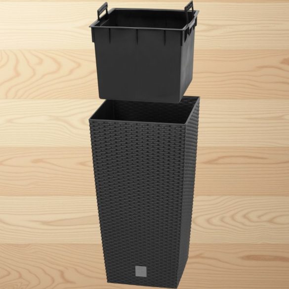 Rattan virágcserép, Prosperplast Rato Square 325, antracit, 32,5 x 32,5 cm, magasság: 61 cm, betéttel, 21 / 49 l, rattan hatású, négyzetes