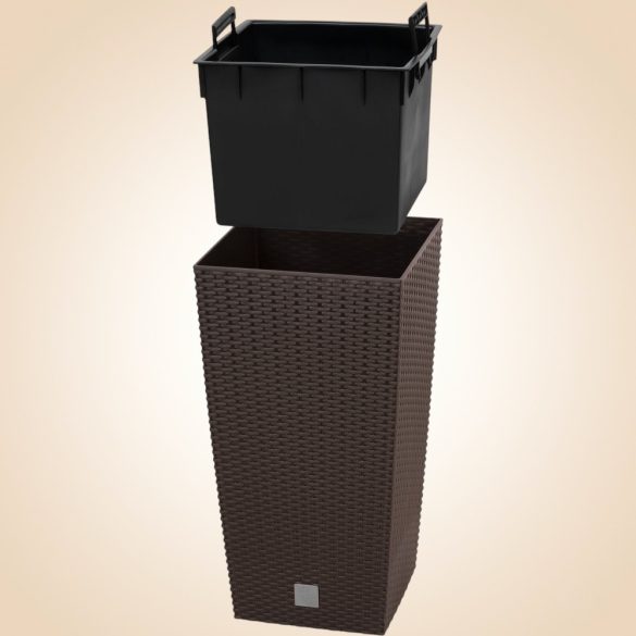 Rattan virágcserép, Prosperplast Rato Square 325, barna, 32,5 x 32,5 cm, magasság: 61 cm, betéttel, 21 / 49 l, rattan hatású, négyzetes