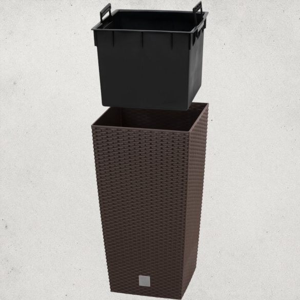 Rattan virágcserép, Prosperplast Rato Square 325, barna, 32,5 x 32,5 cm, magasság: 61 cm, betéttel, 21 / 49 l, rattan hatású, négyzetes