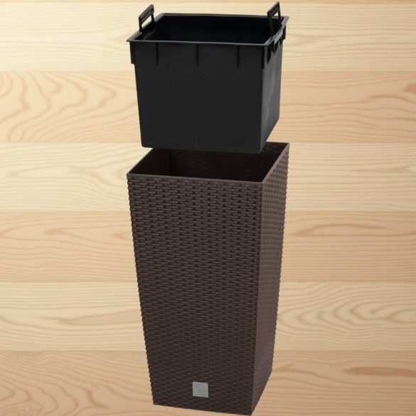 Rattan virágcserép, Prosperplast Rato Square 325, barna, 32,5 x 32,5 cm, magasság: 61 cm, betéttel, 21 / 49 l, rattan hatású, négyzetes