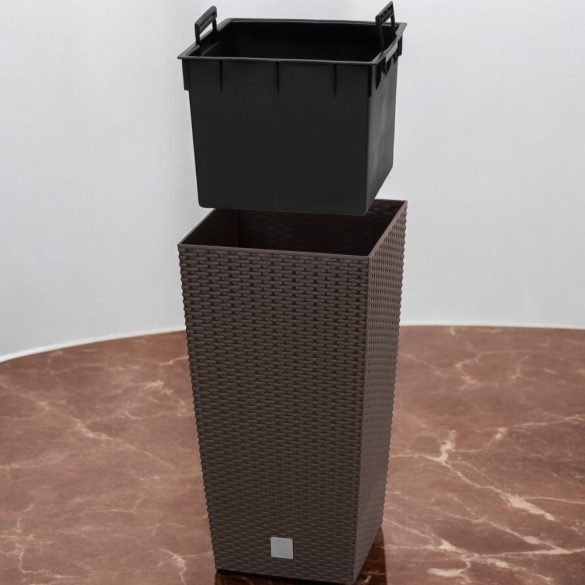 Rattan virágcserép, Prosperplast Rato Square 325, barna, 32,5 x 32,5 cm, magasság: 61 cm, betéttel, 21 / 49 l, rattan hatású, négyzetes