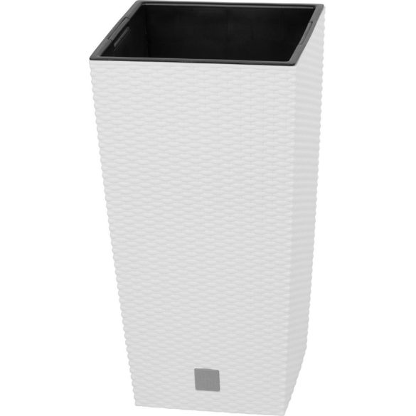 Rattan virágcserép, Prosperplast Rato Square 325, fehér, 32,5 x 32,5 cm, magasság: 61 cm, betéttel, 21 / 49 l, rattan hatású, négyzetes