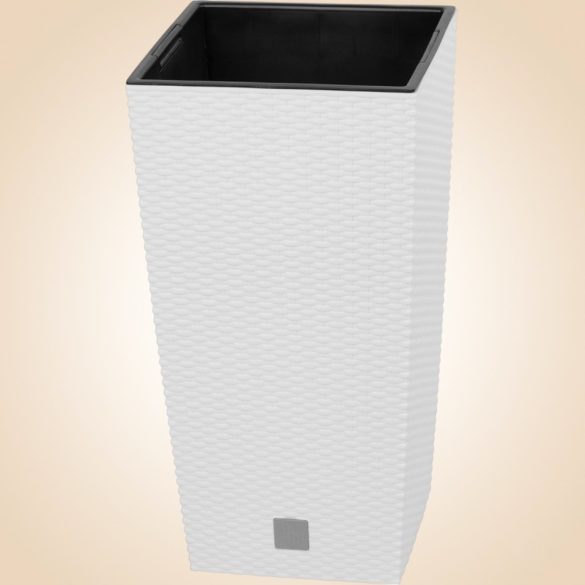 Rattan virágcserép, Prosperplast Rato Square 325, fehér, 32,5 x 32,5 cm, magasság: 61 cm, betéttel, 21 / 49 l, rattan hatású, négyzetes