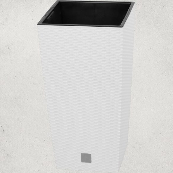Rattan virágcserép, Prosperplast Rato Square 325, fehér, 32,5 x 32,5 cm, magasság: 61 cm, betéttel, 21 / 49 l, rattan hatású, négyzetes