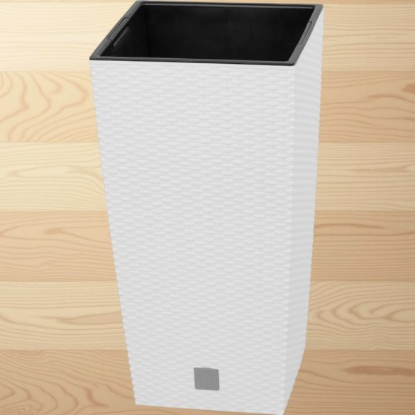 Rattan virágcserép, Prosperplast Rato Square 325, fehér, 32,5 x 32,5 cm, magasság: 61 cm, betéttel, 21 / 49 l, rattan hatású, négyzetes