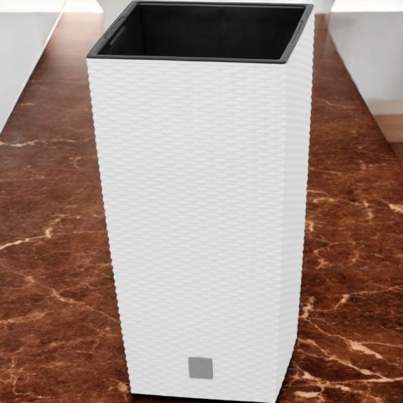 Rattan virágcserép, Prosperplast Rato Square 325, fehér, 32,5 x 32,5 cm, magasság: 61 cm, betéttel, 21 / 49 l, rattan hatású, négyzetes