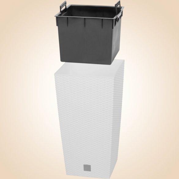 Rattan virágcserép, Prosperplast Rato Square 325, fehér, 32,5 x 32,5 cm, magasság: 61 cm, betéttel, 21 / 49 l, rattan hatású, négyzetes