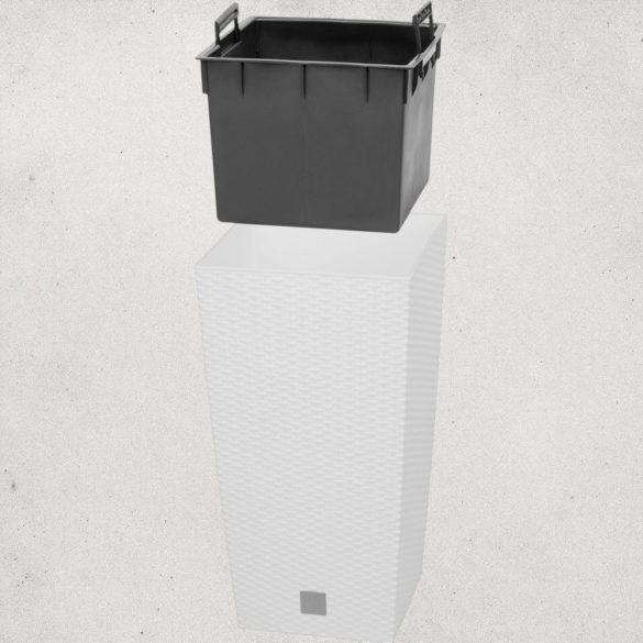 Rattan virágcserép, Prosperplast Rato Square 325, fehér, 32,5 x 32,5 cm, magasság: 61 cm, betéttel, 21 / 49 l, rattan hatású, négyzetes