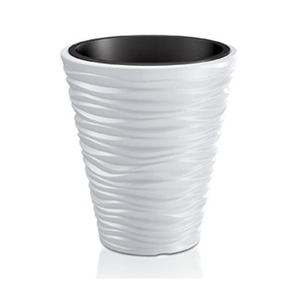 Műanyag virágcserép, Prosperplast Sand 350, fehér, átmérő: 34,5 cm, magasság: 38,5 cm, betéttel, 11 / 21 l, hullámmintás, kerek