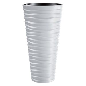 Műanyag virágcserép, Prosperplast Sand Slim 400, fehér, átmérő: 39 cm, magasság: 75 cm, fehér, betéttel, 18 / 45 l, vízszintes hullámmintás, kerek