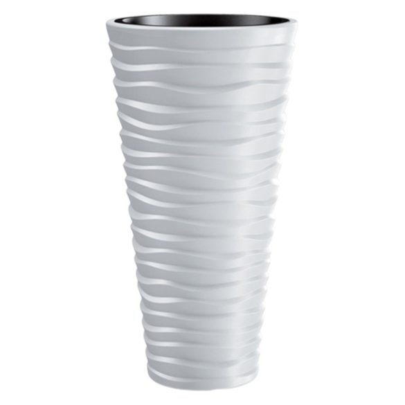 Műanyag virágcserép, Prosperplast Sand Slim 400, fehér, átmérő: 39 cm, magasság: 75 cm, fehér, betéttel, 18 / 45 l, vízszintes hullámmintás, kerek