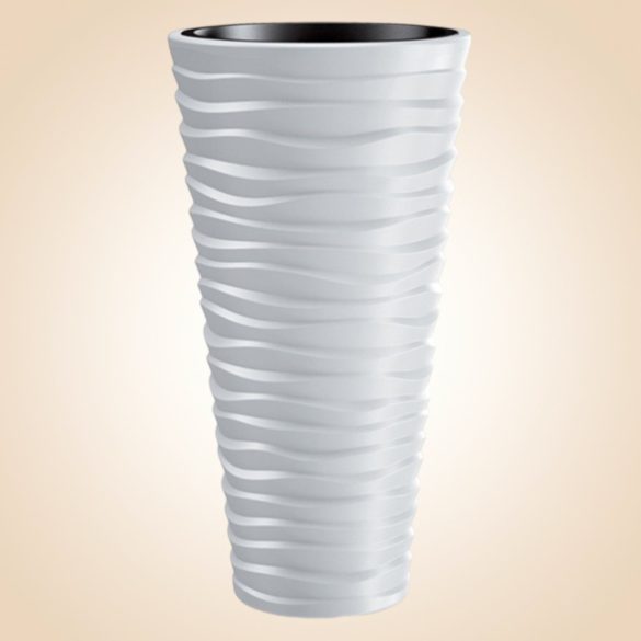 Műanyag virágcserép, Prosperplast Sand Slim 400, fehér, átmérő: 39 cm, magasság: 75 cm, fehér, betéttel, 18 / 45 l, vízszintes hullámmintás, kerek