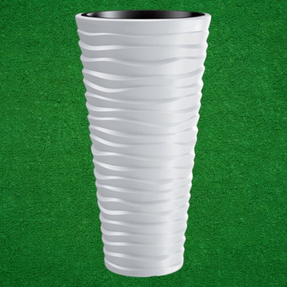 Műanyag virágcserép, Prosperplast Sand Slim 400, fehér, átmérő: 39 cm, magasság: 75 cm, fehér, betéttel, 18 / 45 l, vízszintes hullámmintás, kerek
