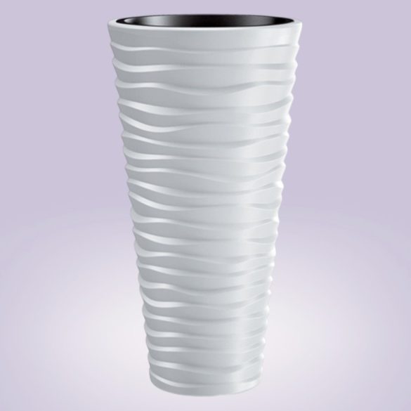 Műanyag virágcserép, Prosperplast Sand Slim 400, fehér, átmérő: 39 cm, magasság: 75 cm, fehér, betéttel, 18 / 45 l, vízszintes hullámmintás, kerek