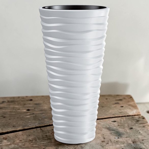 Műanyag virágcserép, Prosperplast Sand Slim 400, fehér, átmérő: 39 cm, magasság: 75 cm, fehér, betéttel, 18 / 45 l, vízszintes hullámmintás, kerek