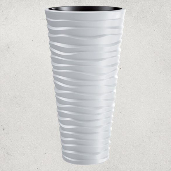 Műanyag virágcserép, Prosperplast Sand Slim 400, fehér, átmérő: 39 cm, magasság: 75 cm, fehér, betéttel, 18 / 45 l, vízszintes hullámmintás, kerek