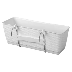 Rattan virágláda, Prosperplast Ratolla Case PW 500, fehér, 49,2 x 17,2 cm, magasság: 17,4 cm, alátéttel, 12 l, rattan hatású, korlátra akasztható