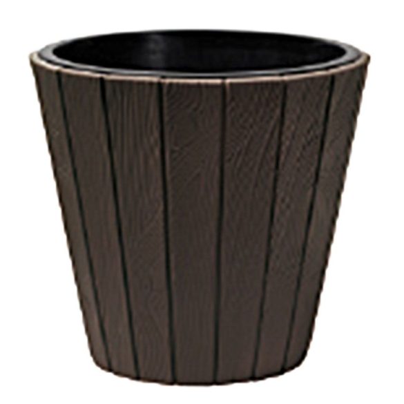 Műanyag virágcserép, Prosperplast Woode 490, barna, átmérő: 48 cm, magasság: 46 cm, betéttel, 54 l, fahatású, kerek