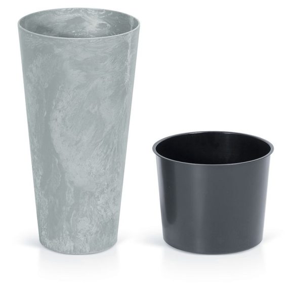 Műanyag virágcserép, Prosperplast Tubus Slim Beton, világosszürke, átmérő: 25 cm, magasság: 47,6 cm, betéttel, 7,5 / 15,5 l, betonhatású, kerek
