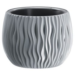   Műanyag virágcserép, Prosperplast Sandy Bowl 240, szürke, átmérő: 23,8 cm, magasság: 16,1 cm, betéttel, 2,3 l, hullámmintás, kerek