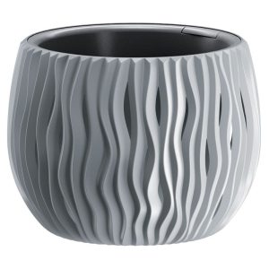 Műanyag virágcserép, Prosperplast Sandy Bowl 240, szürke, átmérő: 23,8 cm, magasság: 16,1 cm, betéttel, 2,3 l, hullámmintás, kerek