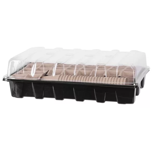 Melegágy, Strend Pro Garden, fekete, 37 x 23 x 6 cm, átlátszó fedél, 30 db-os készlet, palántaneveléshez, mini