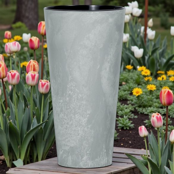 Műanyag virágcserép, Prosperplast Tubus Slim Beton, világosszürke, átmérő: 40 cm, magasság: 76,2 cm, betéttel, 35 / 64 l, betonhatású, kerek