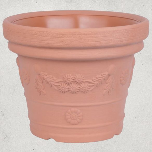 Műanyag virágcserép, Prosperplast Decora, terrakotta, átmérő: 57 cm, magasság: 45,5 cm, virág minta, 65 l, kerek