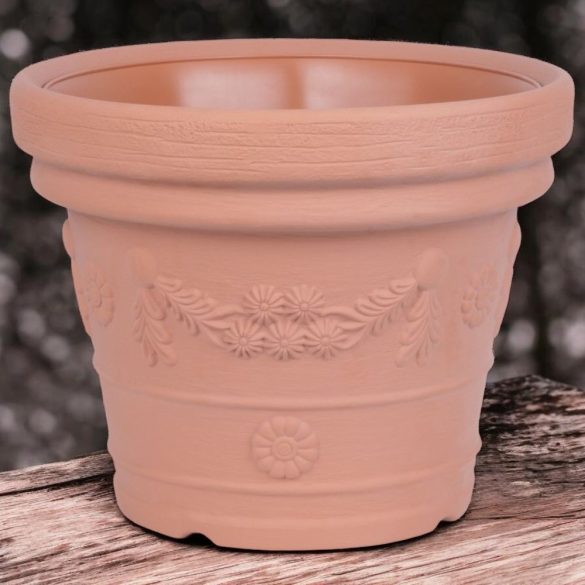Műanyag virágcserép, Prosperplast Decora, terrakotta, átmérő: 57 cm, magasság: 45,5 cm, virág minta, 65 l, kerek
