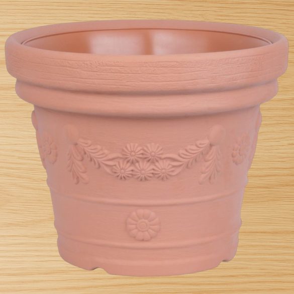 Műanyag virágcserép, Prosperplast Decora, terrakotta, átmérő: 57 cm, magasság: 45,5 cm, virág minta, 65 l, kerek