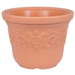 Műanyag virágcserép, Prosperplast Sunny, terrakotta, átmérő: 30 cm, magasság: 22,5 cm, napraforgó minta, 8 l, kerek