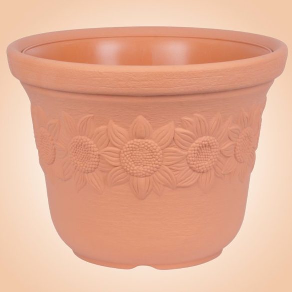 Műanyag virágcserép, Prosperplast Sunny, terrakotta, átmérő: 57 cm, magasság: 43,5 cm, napraforgó minta, 60 l, kerek