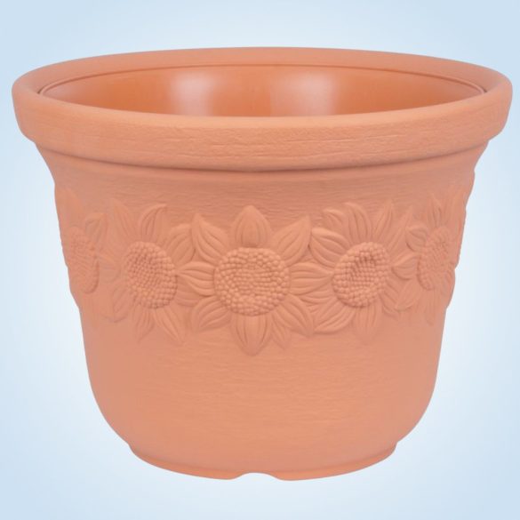 Műanyag virágcserép, Prosperplast Sunny, terrakotta, átmérő: 57 cm, magasság: 43,5 cm, napraforgó minta, 60 l, kerek