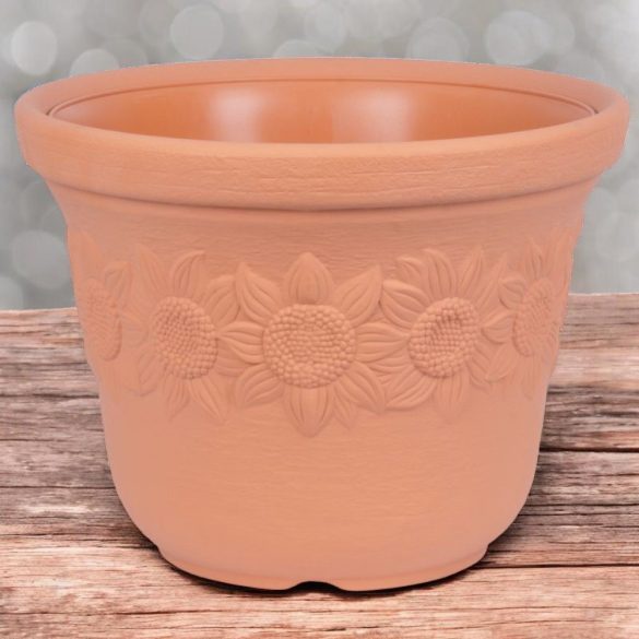 Műanyag virágcserép, Prosperplast Sunny, terrakotta, átmérő: 57 cm, magasság: 43,5 cm, napraforgó minta, 60 l, kerek